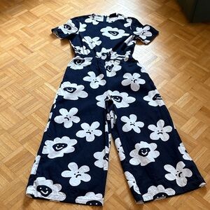 Lazy Oaf. Wide-Leg Floral Print Jumpsuit in Navy & White
